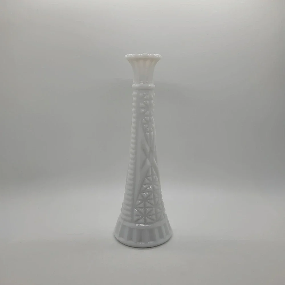 Vintage Milk Glass Bud Vase Scalloped Rim Geometric Starburst Pattern 9 Inch